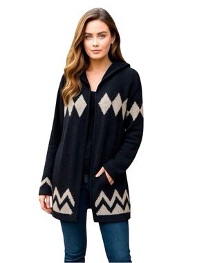 Project Women’s Open Front Cardigan With Hood. Navy, Off-White. XS